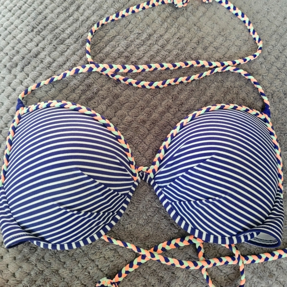 Victoria's Secret Navy and White Bikini Top with Pastel Trim